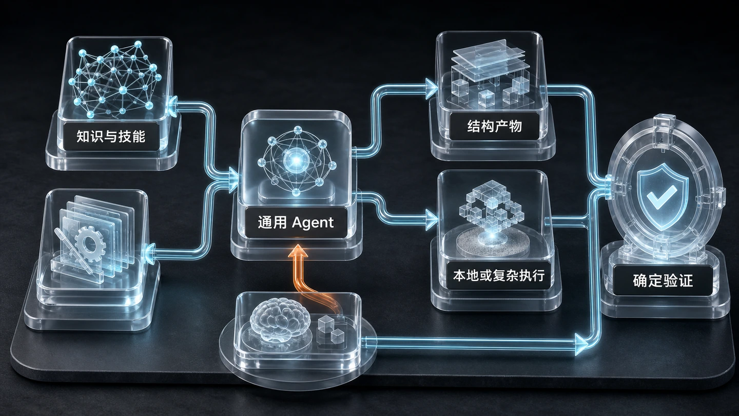 点击查看高清原图 流程图:可组合的 Agent 系统。带来源的知识和版本化技能进入通用 Agent,结构化产物、本地动作和复杂执行统一接受确定性验证。
