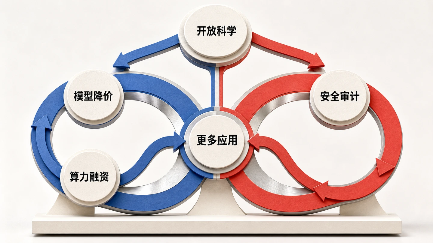 点击查看高清原图 流程图:AI 行业双反馈回路。模型降价推动更多应用与算力融资,同时应用扩张也提高安全审计要求;开放科学为两条回路提供可信输入。