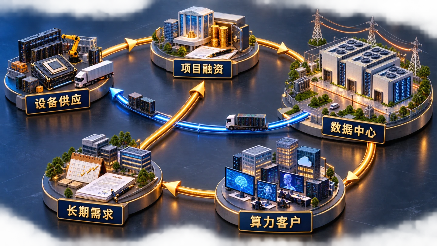 点击查看高清原图 流程图:AI 数据中心融资飞轮。设备供应支持项目融资,融资建设数据中心,算力客户的长期需求再反向支撑融资与设备采购。