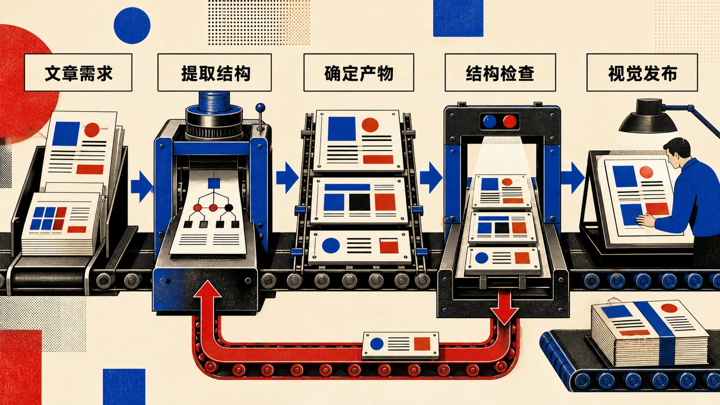 点击查看高清原图 流程图:确定性内容生产管线。AI 提取文章结构,输出可检查的结构化产物,经过结构与视觉检查后再发布。