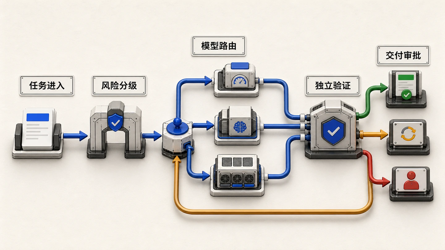 点击查看高清原图 流程图:动态模型路由。任务经过风险分级后进入快速、推理或高风险模型路径,最终统一经过独立验证。