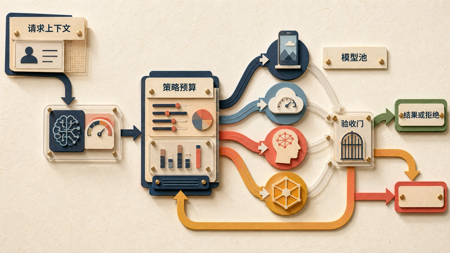 点击查看高清原图 流程图:策略驱动的模型路由。请求与上下文进入策略预算控制,分流至端侧、快速云、推理或领域模型,再统一经过验收门。